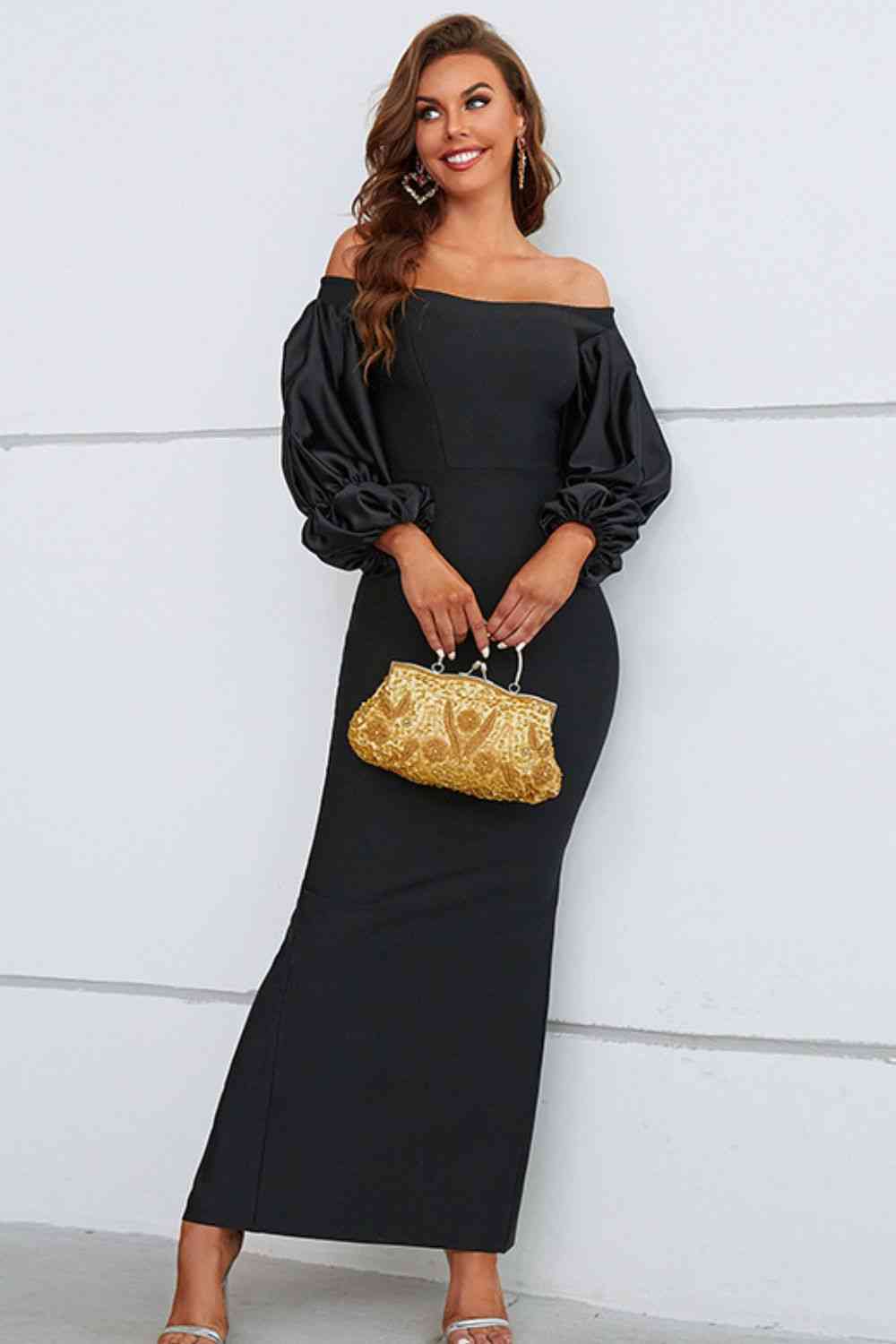 Bubble Sleeves Off-Shoulder Split Dress (7515563163736)