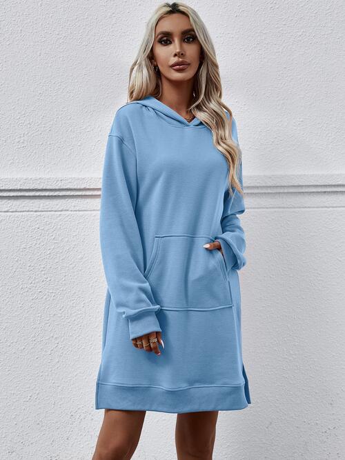 Long Long Sleeves - Slit Hooded Dress With Pocket (7505547559000)