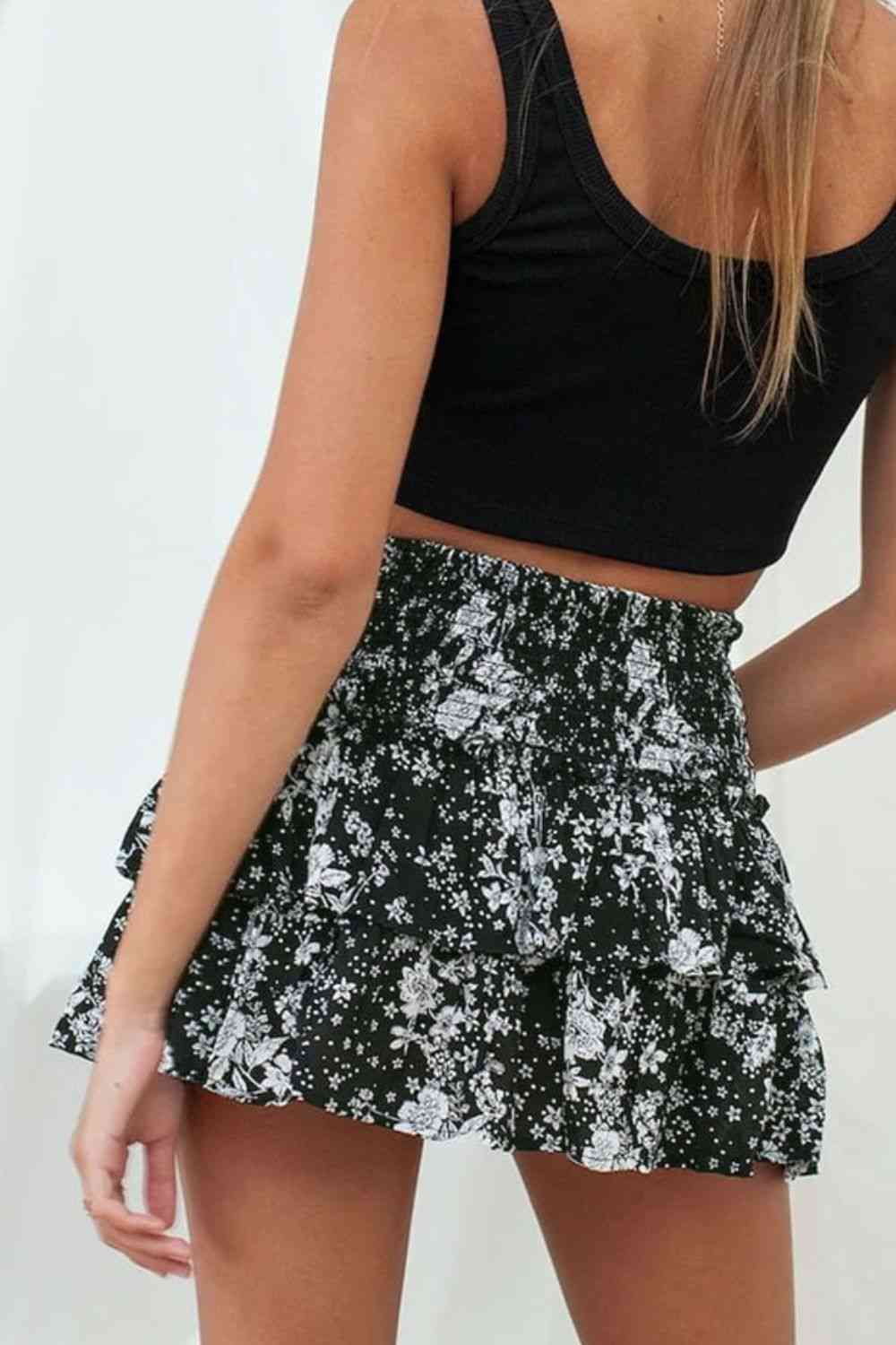 Printed Frill Trim Smocked Mini Skirt (7500878348376)