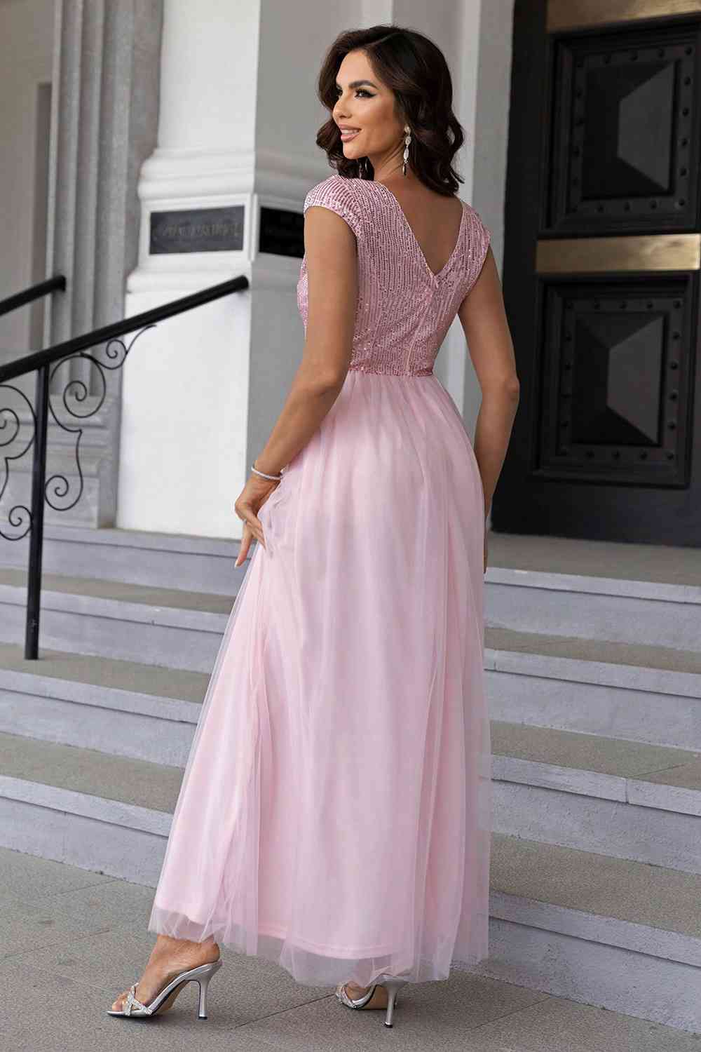 Sequin V-Neck Mesh Maxi Dress (7515520761944)