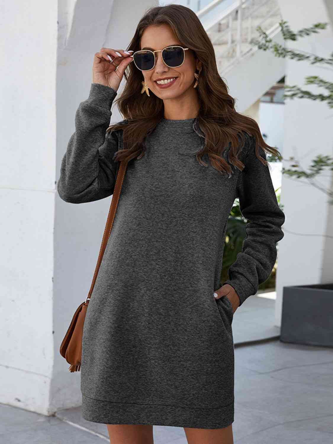 Round Neck Long Sleeves Mini Dress With Pockets (7505548410968)