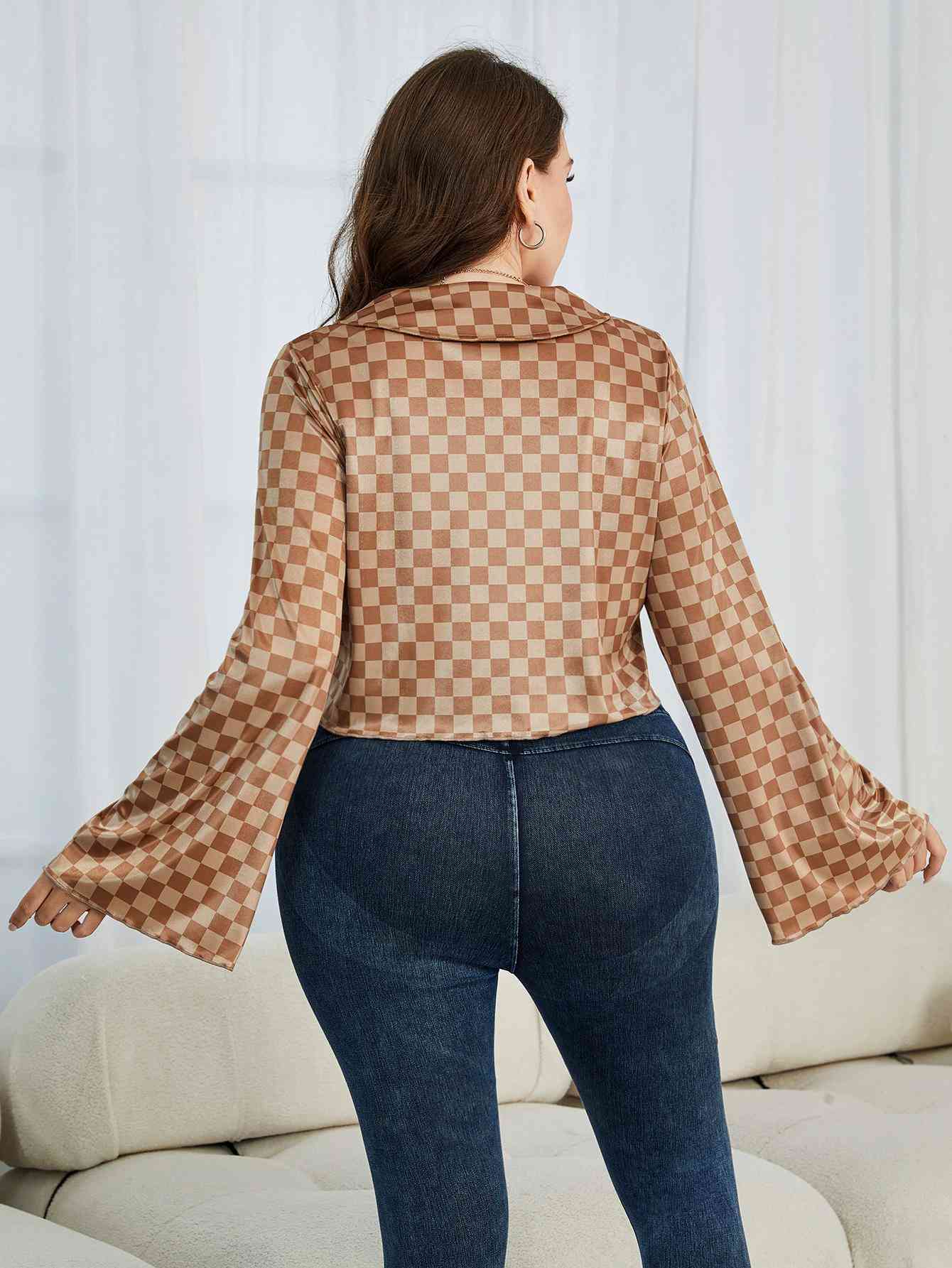 Plus-Size Checkered Johnny Collar Flare Sleeve Shirt (7484804923480)