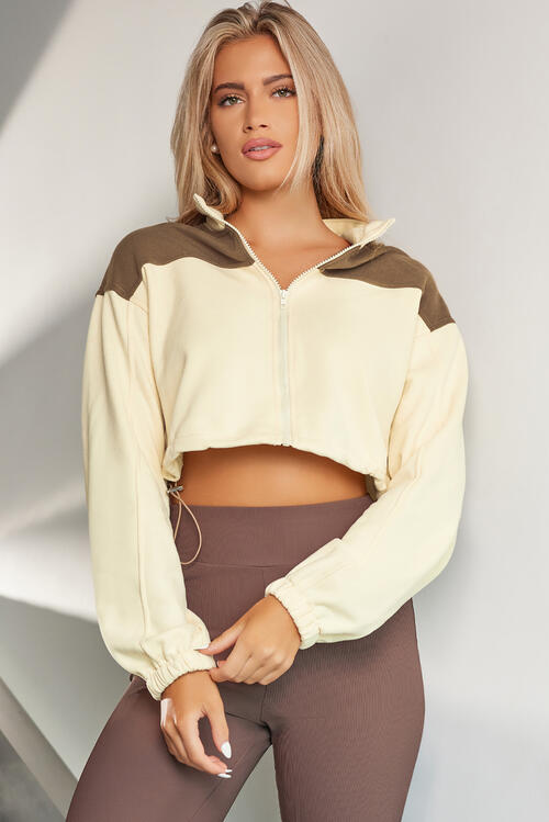 With Drawstrings - Contrast Drawstring Zip-Up Jacket (7484295970904)