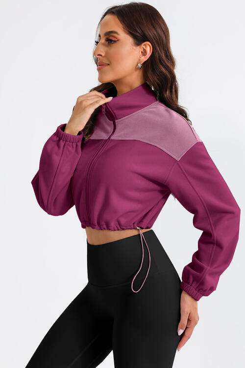 With Drawstrings - Contrast Drawstring Zip-Up Jacket (7484295970904)