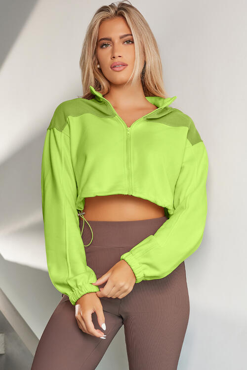 With Drawstrings - Contrast Drawstring Zip-Up Jacket (7484295970904)