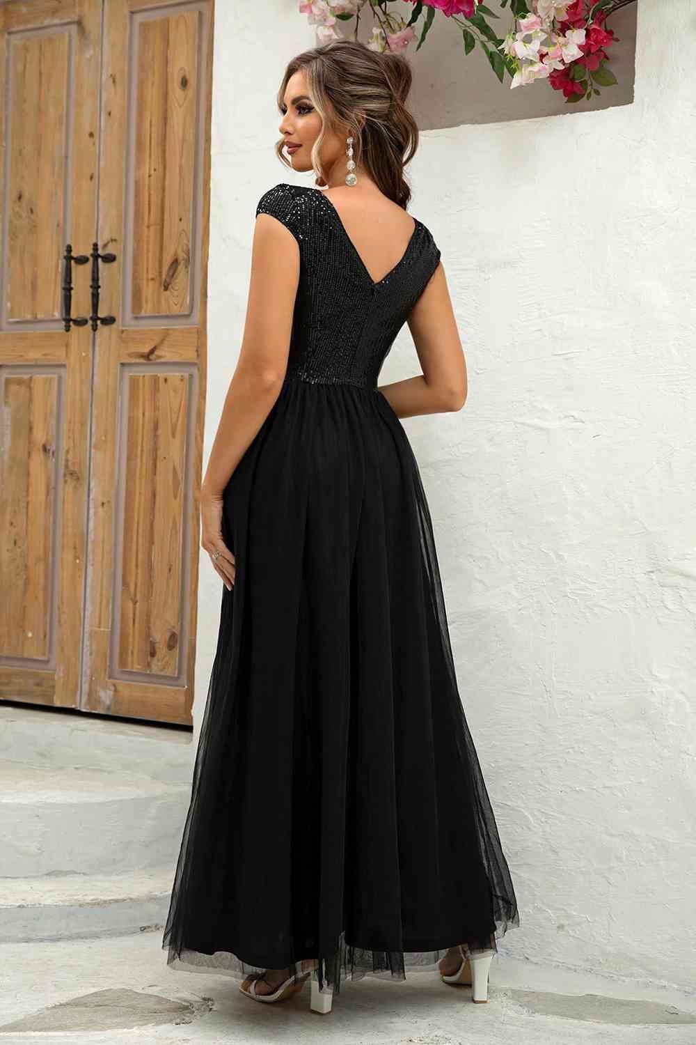 Sequin V-Neck Mesh Maxi Dress (7515520761944)