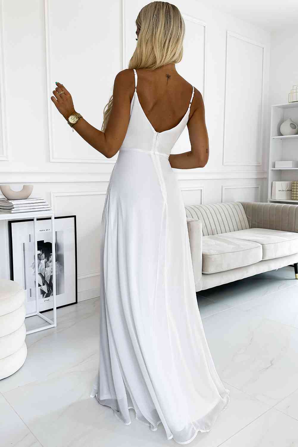 White Dresses - Spaghetti Strap Sweetheart Neck Split Dress (7515491631192)