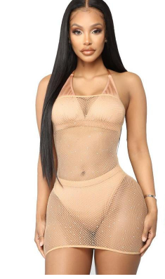 Starry Rhine - Chest-Wrapped Rhinestone Fishnet Lingerie Dress (7517838442584)