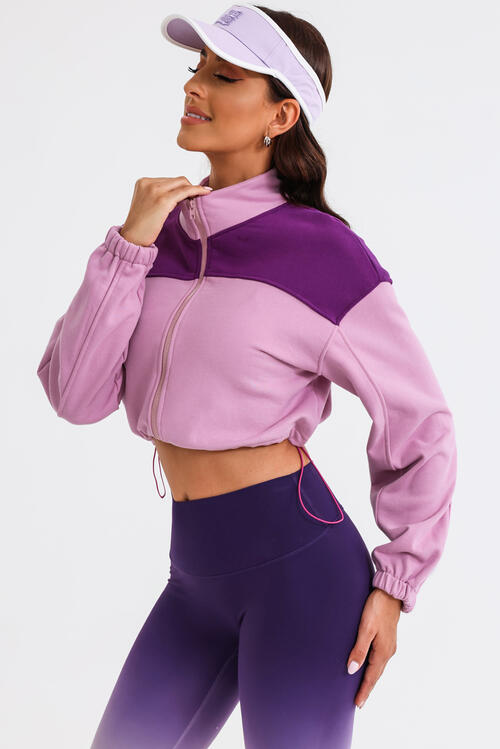 With Drawstrings - Contrast Drawstring Zip-Up Jacket (7484295970904)