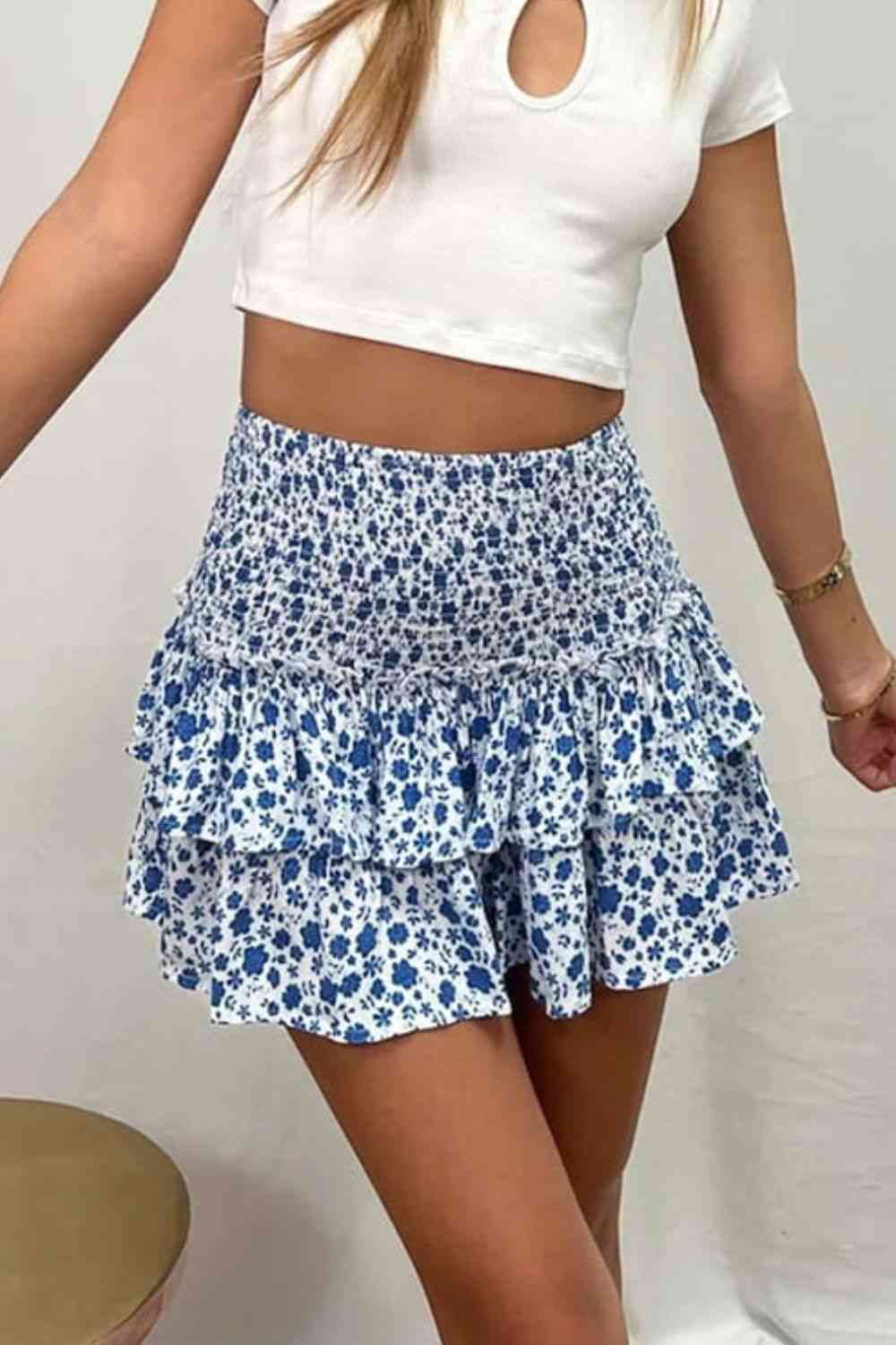Printed Frill Trim Smocked Mini Skirt (7500878348376)