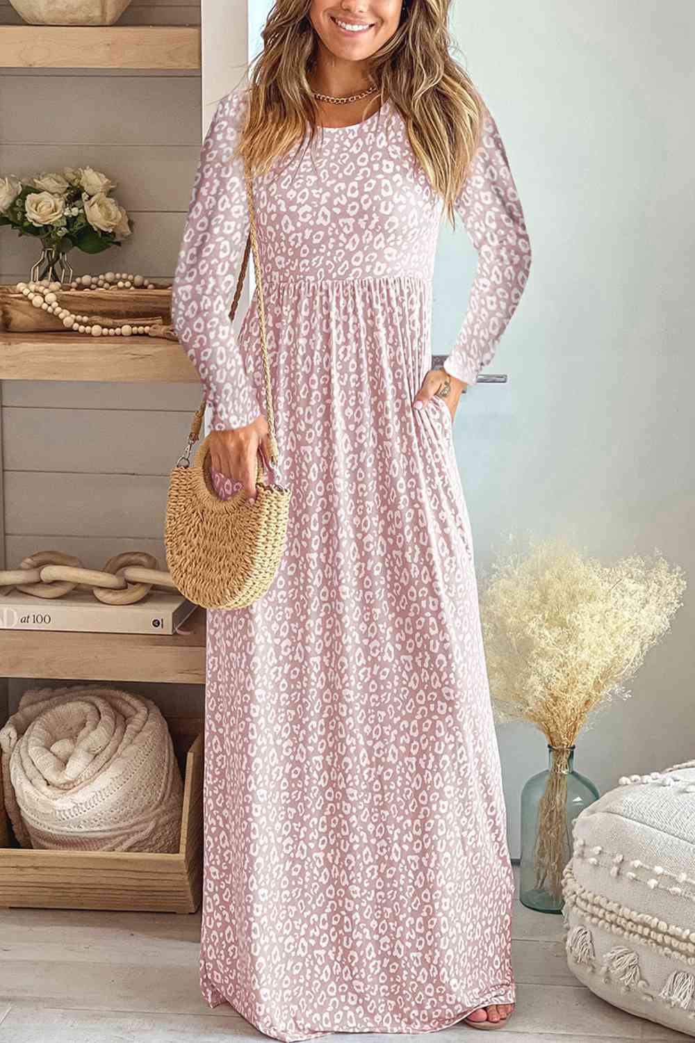 Leopard Round-Neck Long Sleeves Maxi Dress (7515536588888)