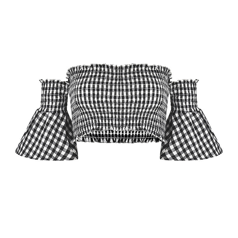 Off-Shoulder White-Black Square Plaid Tube Top (7518484070488)
