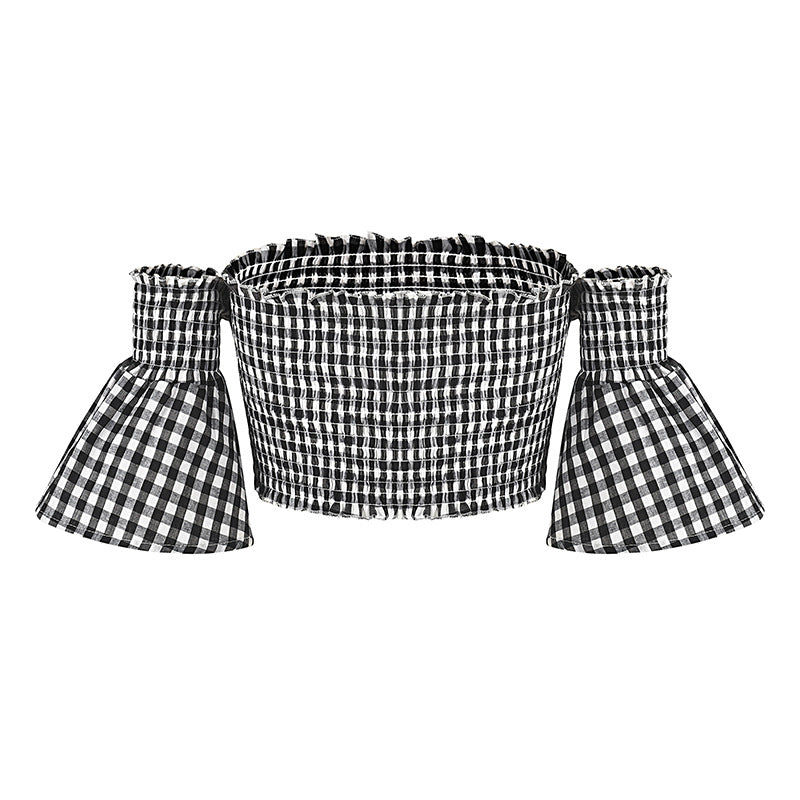 Off-Shoulder White-Black Square Plaid Tube Top (7518484070488)