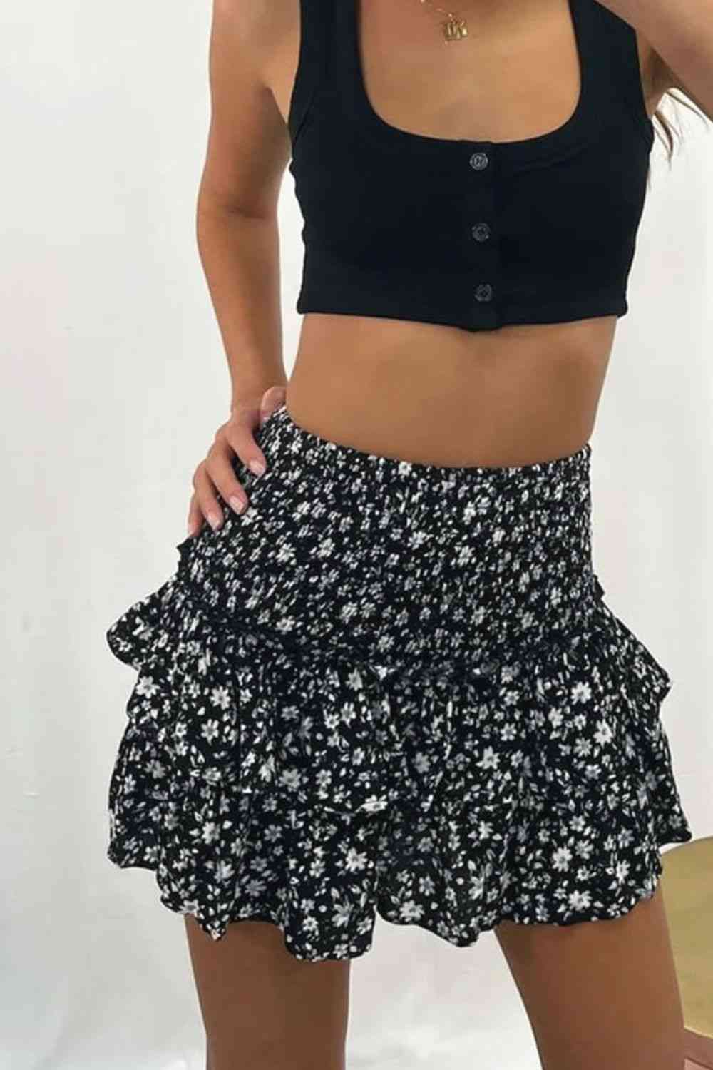 Printed Frill Trim Smocked Mini Skirt (7500878348376)