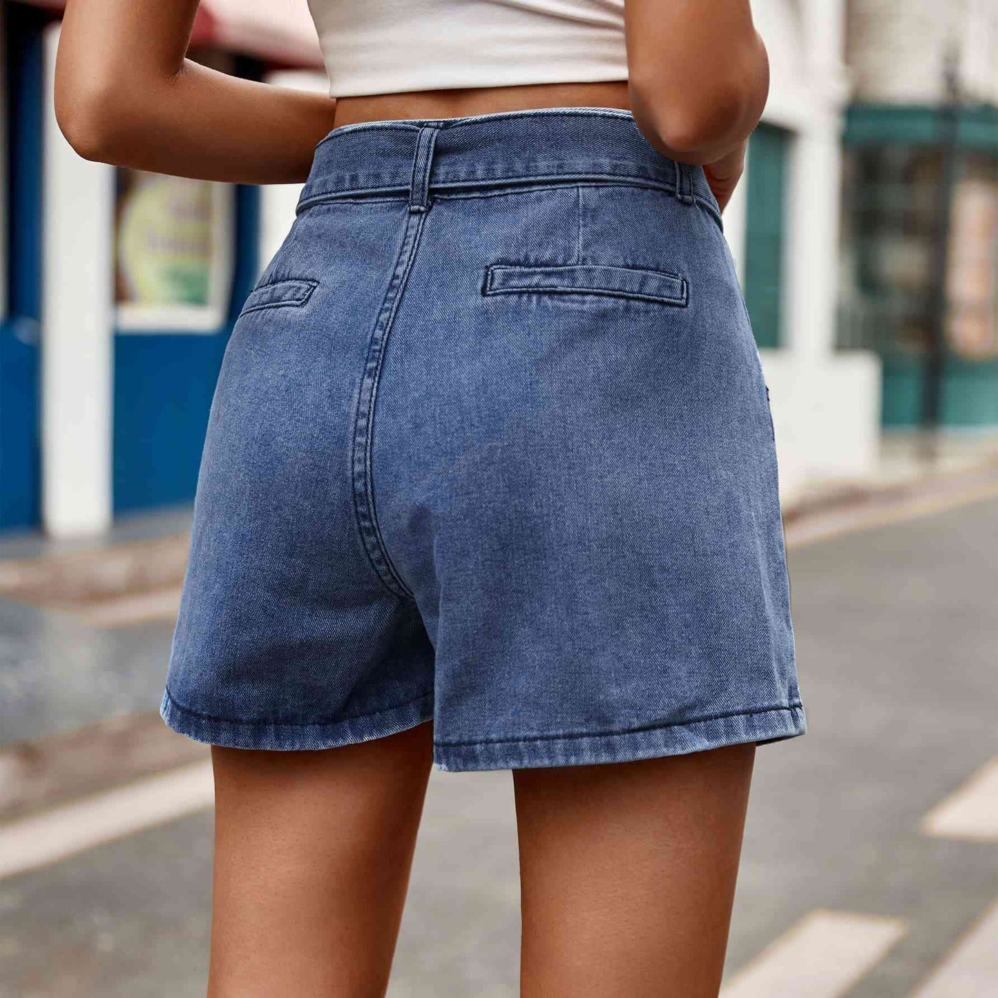 Tie Belt - Denim Shorts With Pockets (7500849676376)