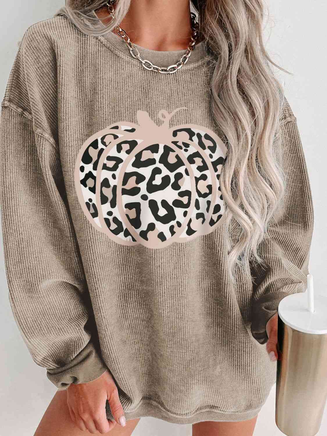 Leopard Graphics Pumpkin Ribbed Sweatshirt (7484663627864)