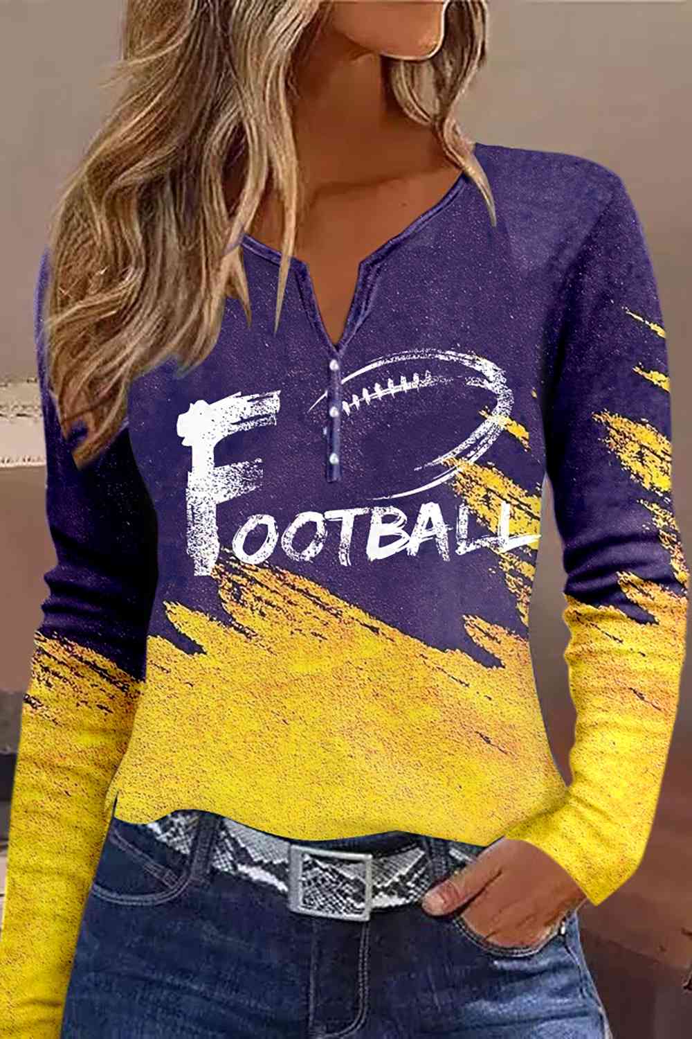 FOOTBALL Graphic Notched Neck Long Sleeve T-Shirt (7501330514008)