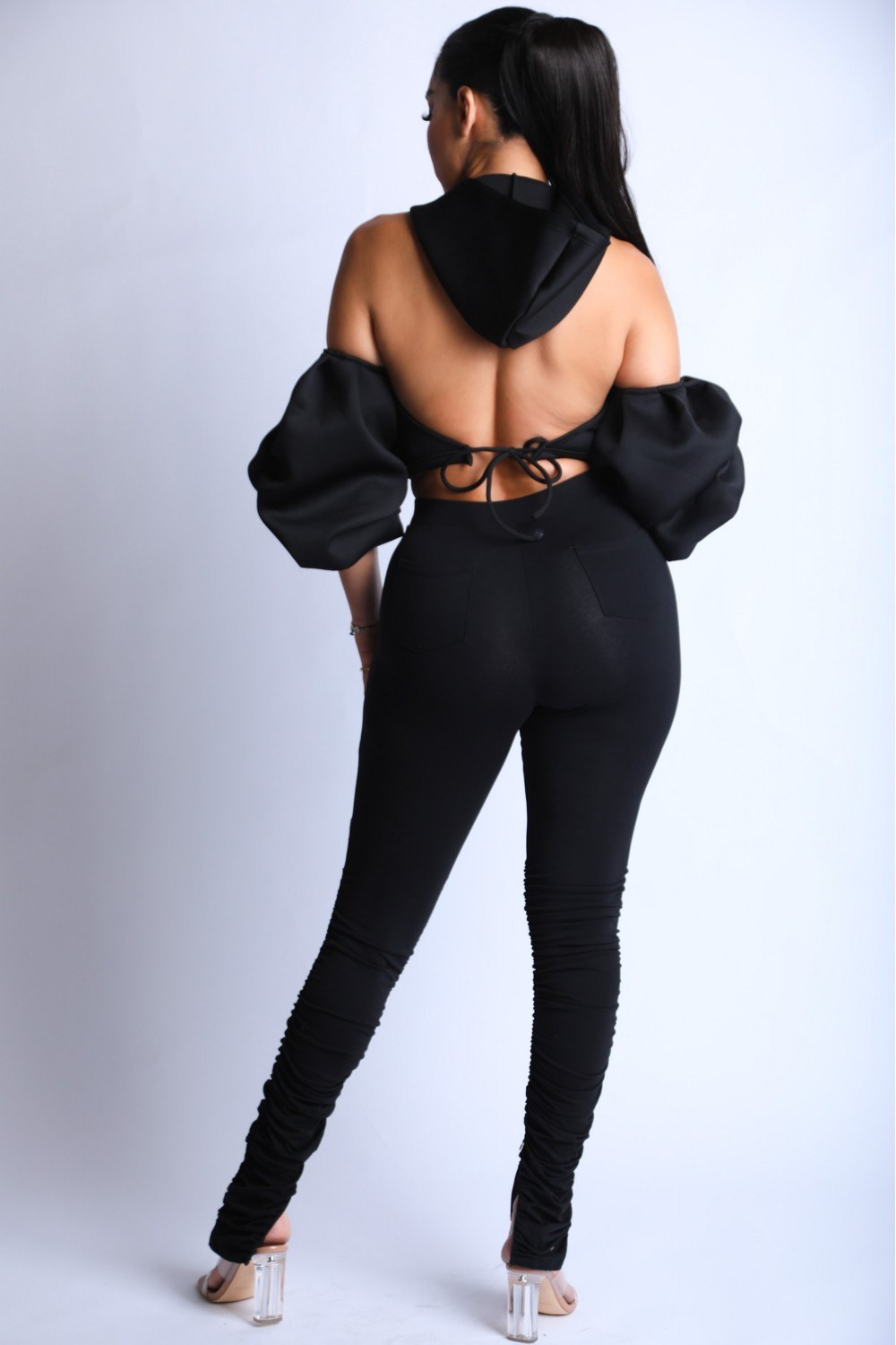 Fluffy Sleeves Hoodie Set - Black