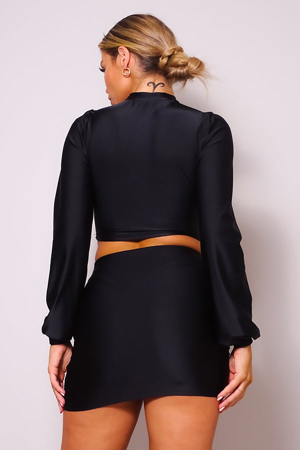 Fluffy Long Sleeves Front Cut-Out Turtleneck Blouse & Side Ruched Garter Mini Skirt Set