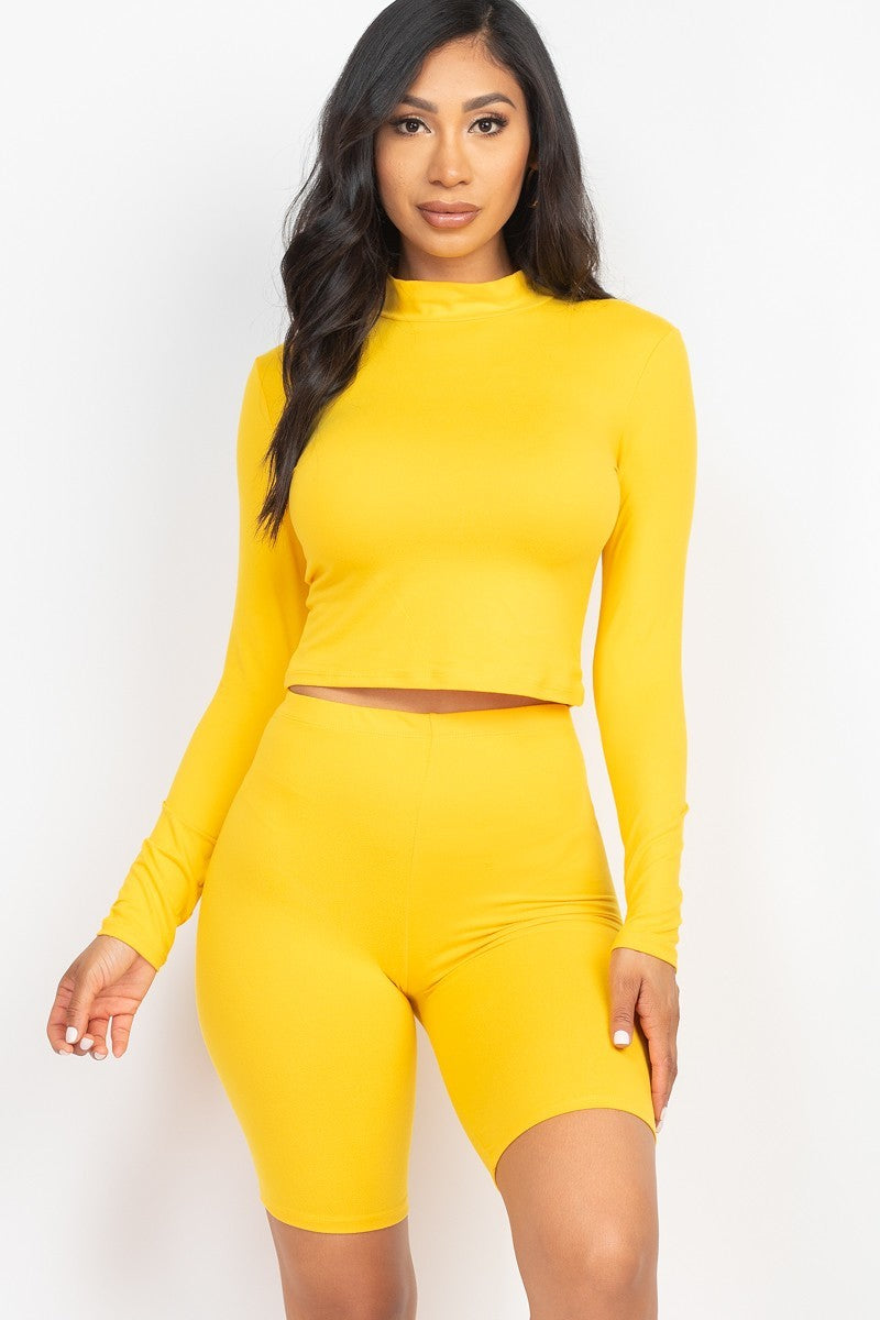 Mock Neck Top & Biker Shorts Set - Yellow