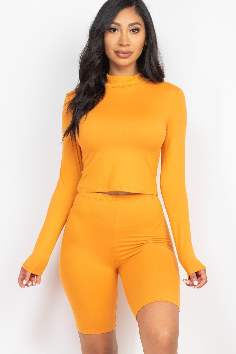 Mock Neck Top & Biker Shorts Set - Gold-Orange