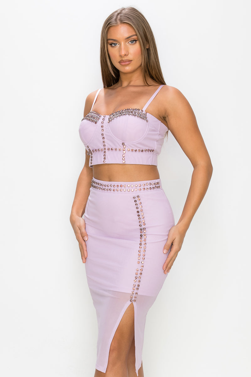 Studded Cami Top & Slit Mini Skirt Set - Purple