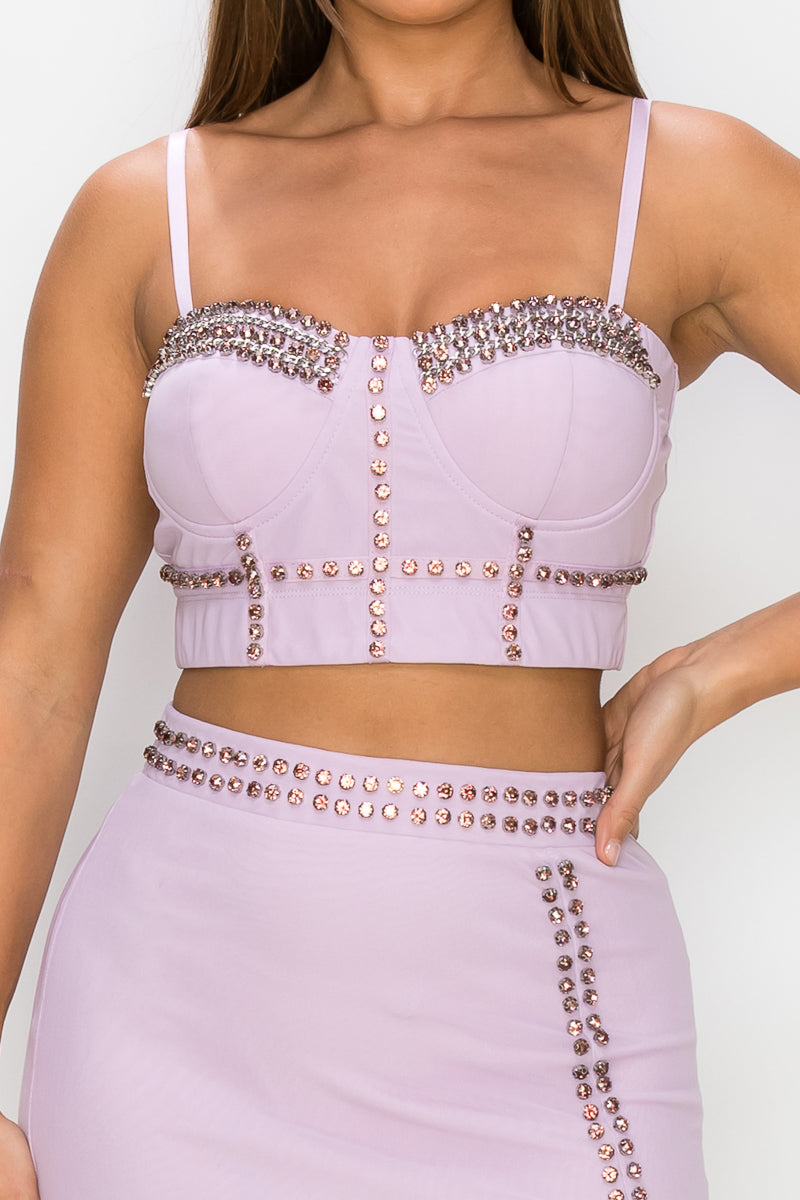 Studded Cami Top & Slit Mini Skirt Set - Purple