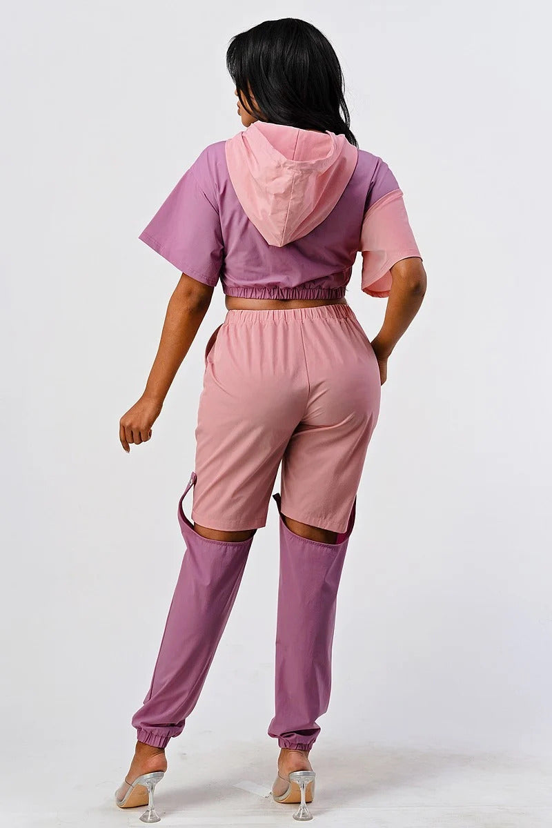 Color Block With Detachable Bottoms Hoodie & Pants Set