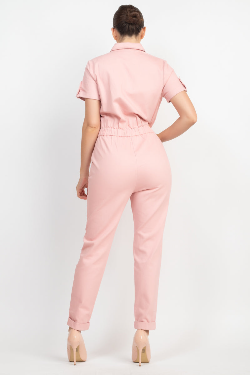 Collared Button-Front Overalls Workwear Set