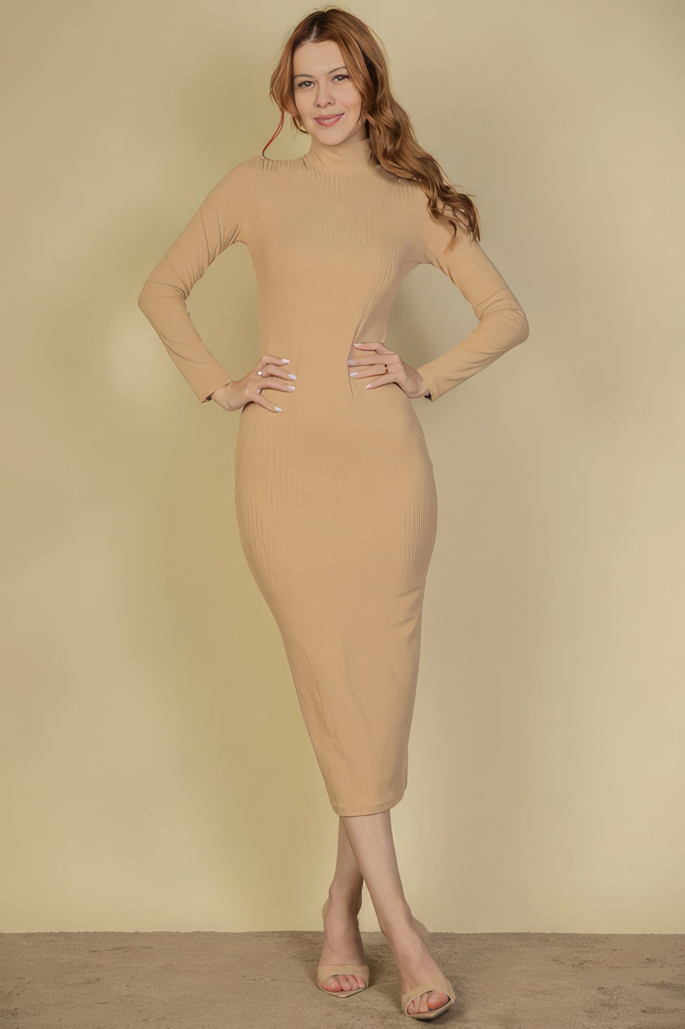 Ribbed Mock Neck Long Sleeves Bodycon Dress - Tan
