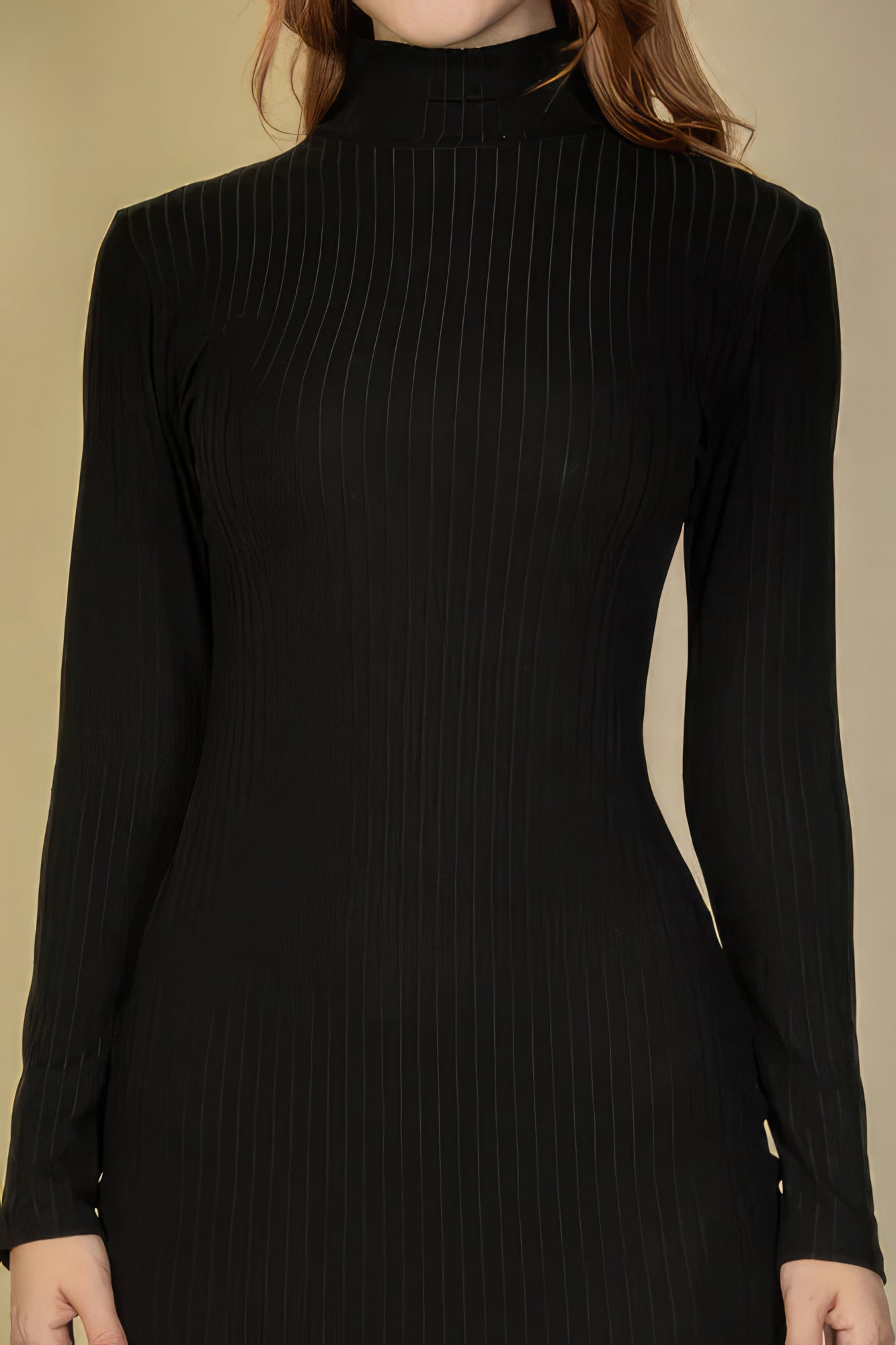 Ribbed Mock Neck Long Sleeves Bodycon Dress - Black