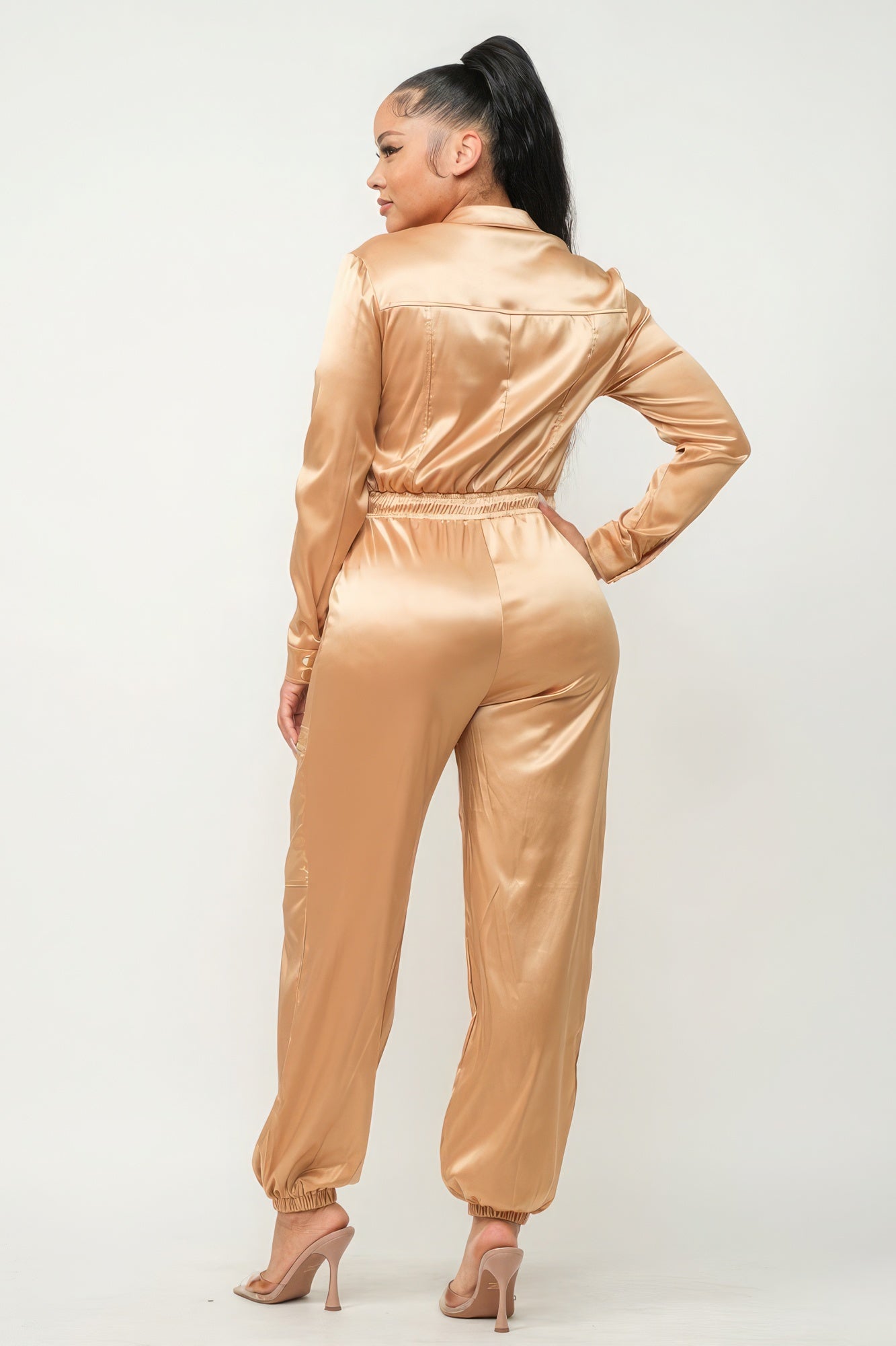Zipper Pockets Top & Pants Overalls Workwear Set - Yellow-Gold