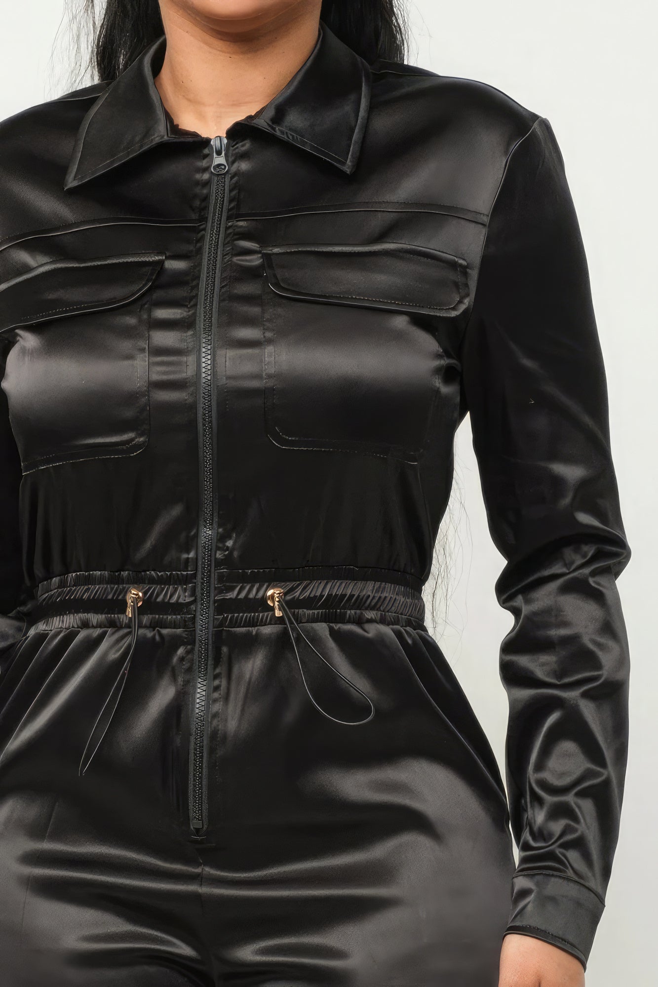 Zipper Pockets Top & Pants Overalls Workwear Set - Black