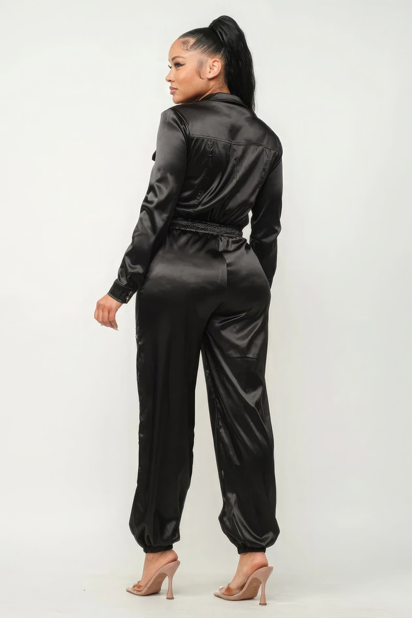 Zipper Pockets Top & Pants Overalls Workwear Set - Black
