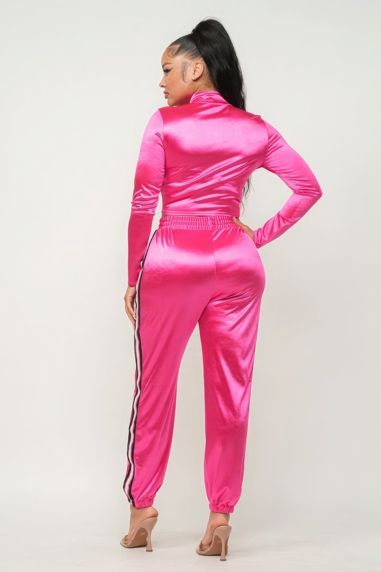 Zip-Up Stripes Detail Jacket Top & Pants Set - Pink