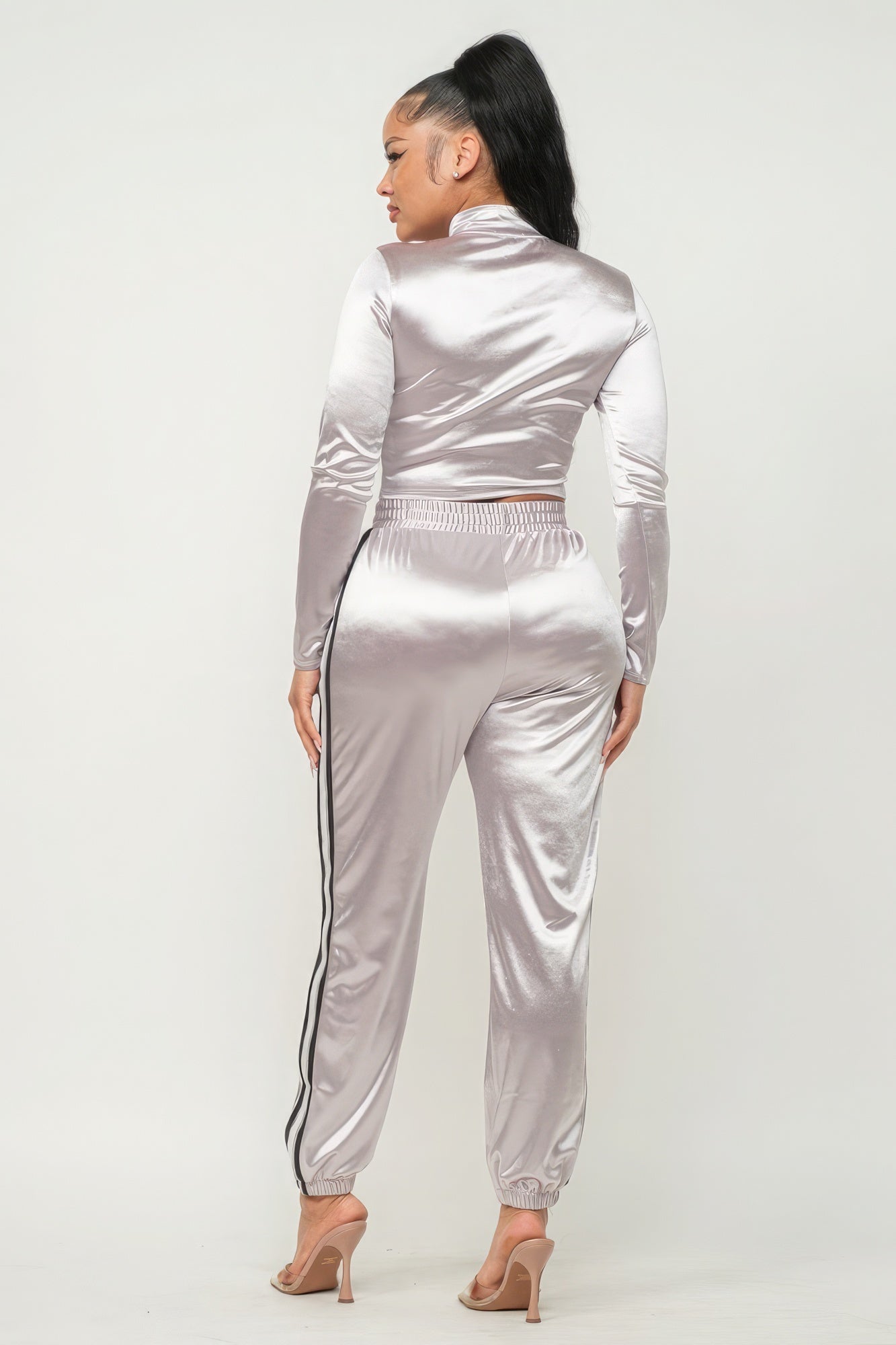 Zip-Up Stripes Detail Jacket Top & Pants Set - Silver