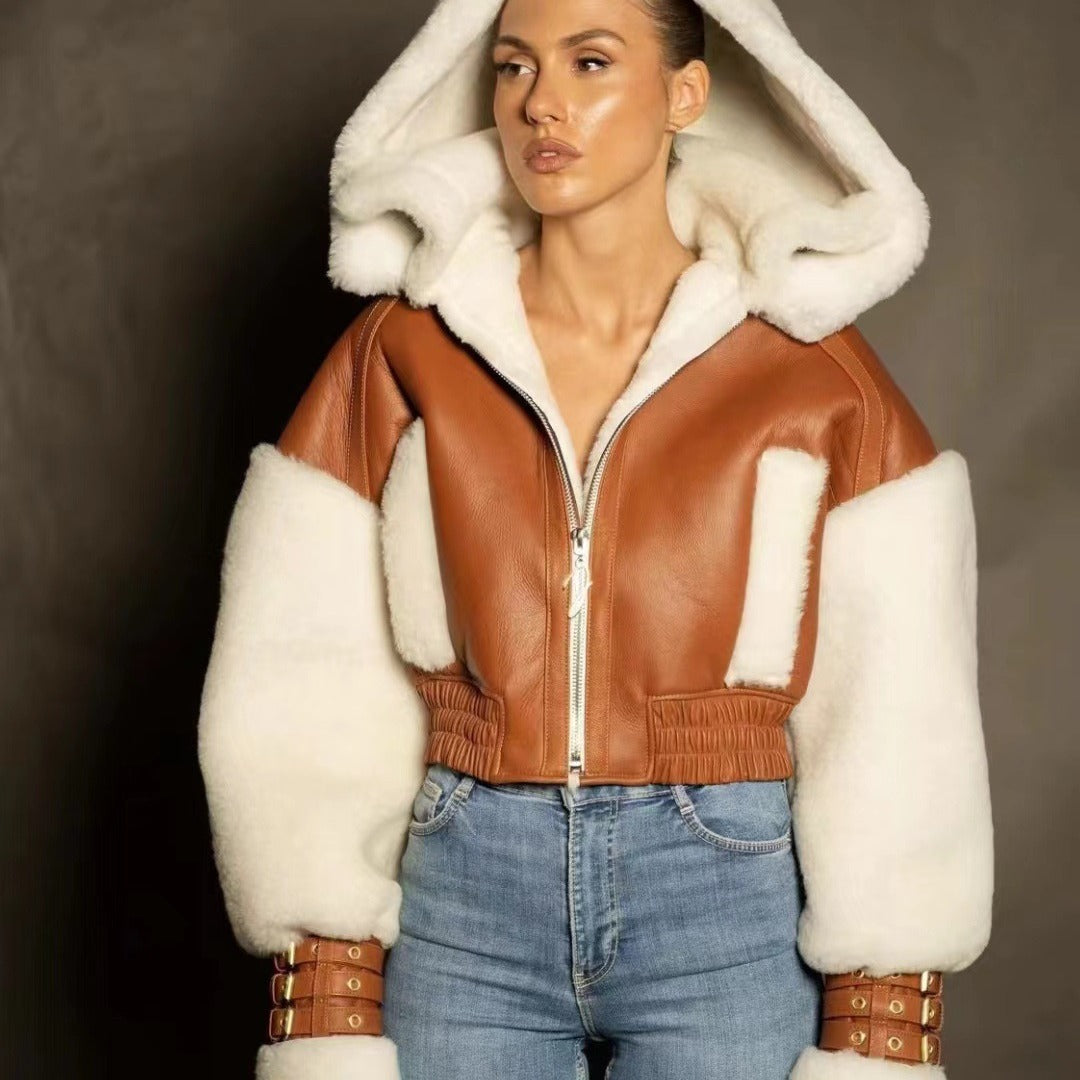 Retro Patchwork Contrast Color Hooded Motorcycle Lamb Coat (7524290330712)