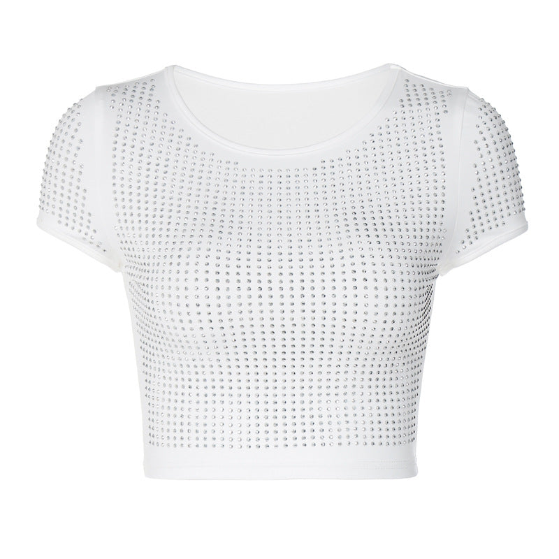 Rhinestones Short Sleeves Crop-Top