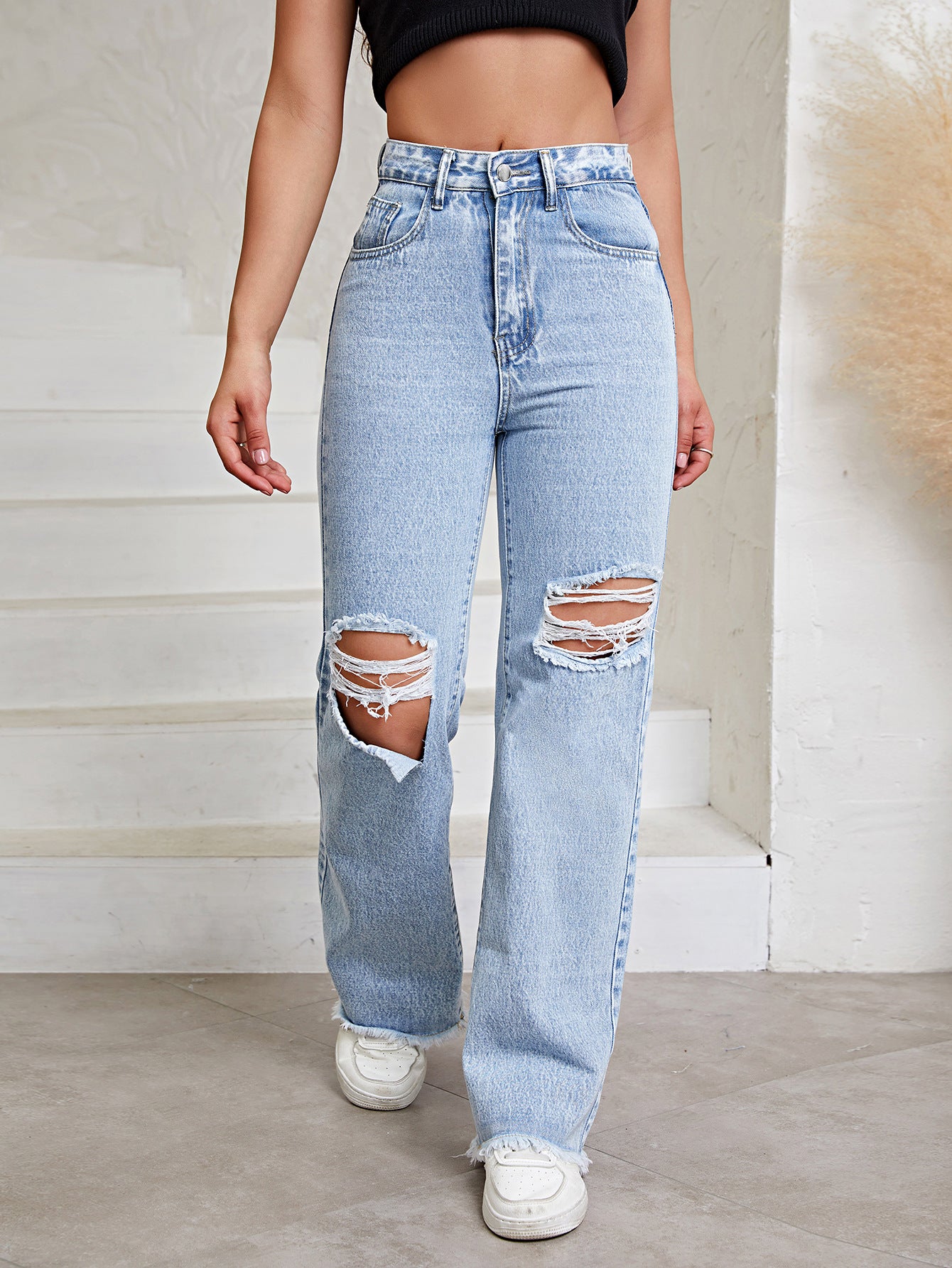 Distressed High-Waist Straight Leg Denim Jeans
