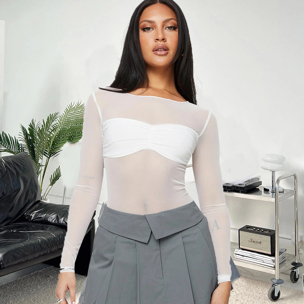 Mesh Fitted T-Shirt Top - Long Sleeves (7518488232024)