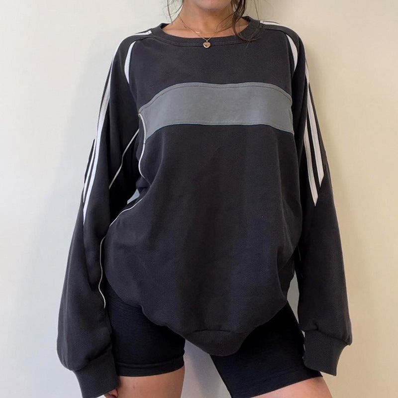 Basic-Blouse-T - Basic-All-Matching Loose Sweatshirt T-Shirt Striped Contrast Color Round Neck Pullover Top (7517819338840)