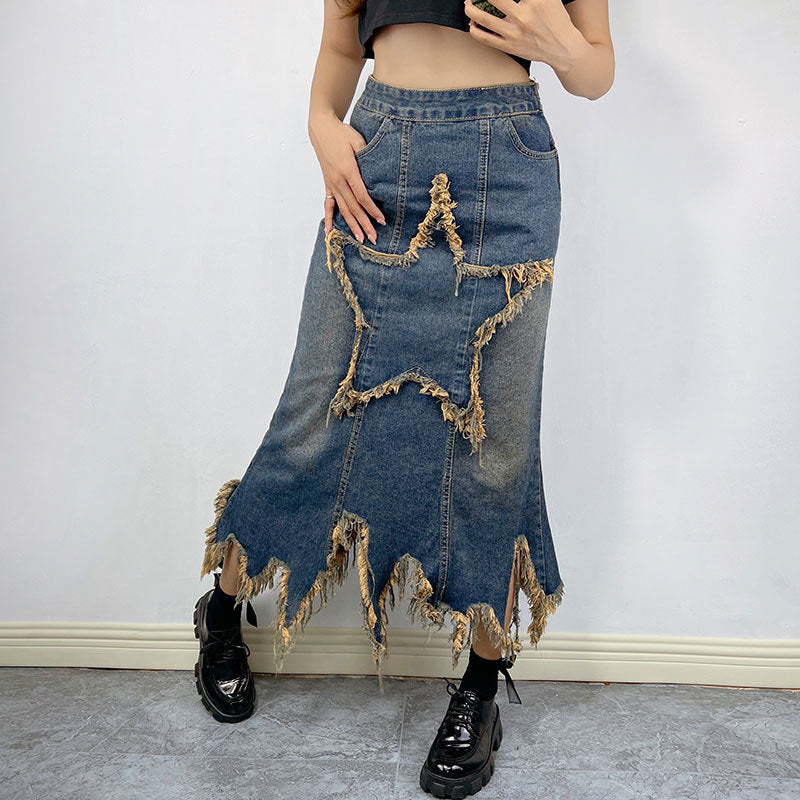 Retro High-Waist Asymmetric A-Line Star-Stitch Denim Skirt (7522342043736)