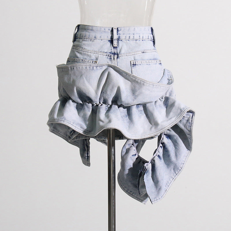 Ruffled Patchwork High-Waisted A-Line Denim Skirt (7519213224024)