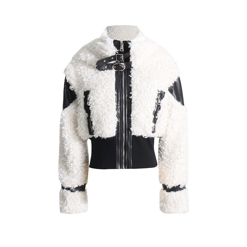 Faux Leather Lamb Wool Outer-Stitching Jacket Coat