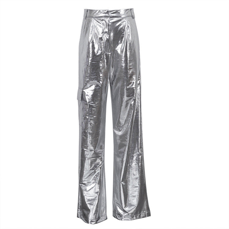 Metallic Coated High-Waist Faux Leather Pants