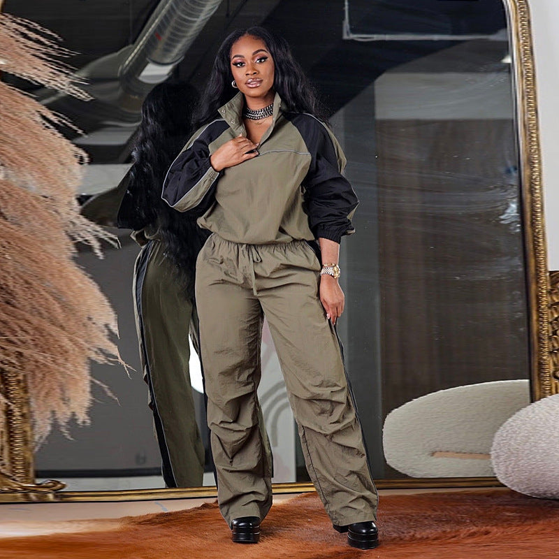 Stand-Collar Color Block - Matching Color Block Long Sleeves Windbreaker Two-Piece Set (7516863004760)