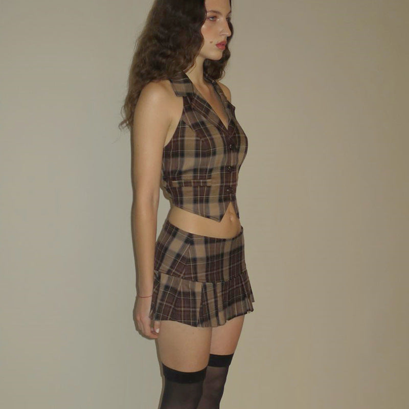 Retro Plaid & Pleated Vest Top & Skirt Set (7524302717016)