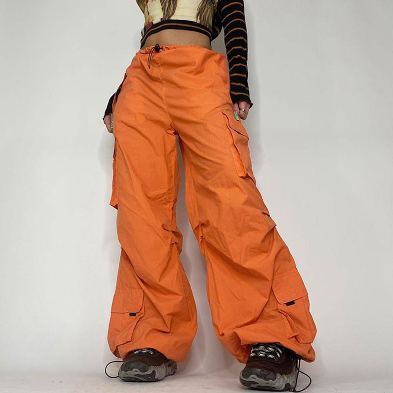 Pocket Patchwork Cargo Pants Low-Waist Drawstrings Ankle-Tied Wide Leg Pants (7524754227288)