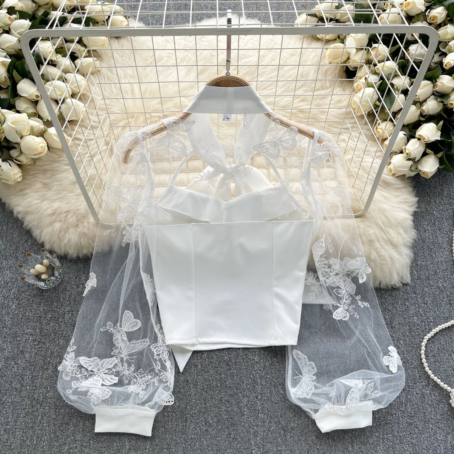 French Bow - Embroidered Mesh Puff Sleeves Top (7518694670424)