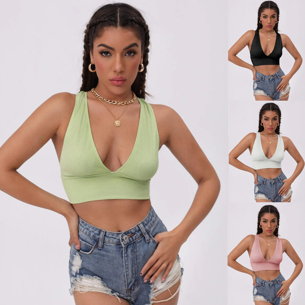 Slim-Fitting Solid Color V-Neck Top Sling Backless Vest Crop-Top